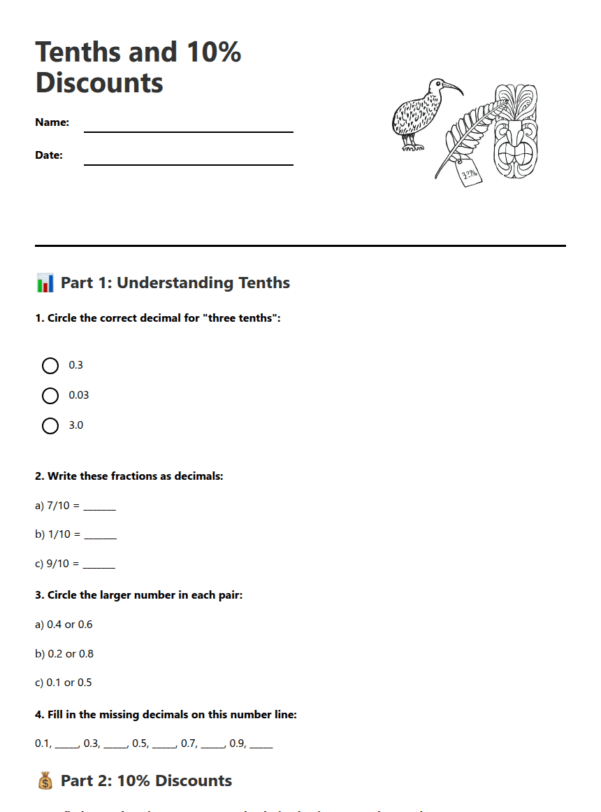 Tenths and 10% Discounts worksheet preview