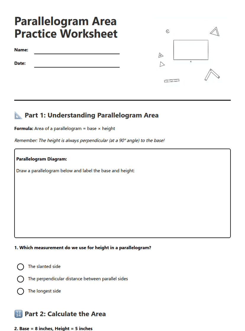 Parallelogram Area Practice Worksheet