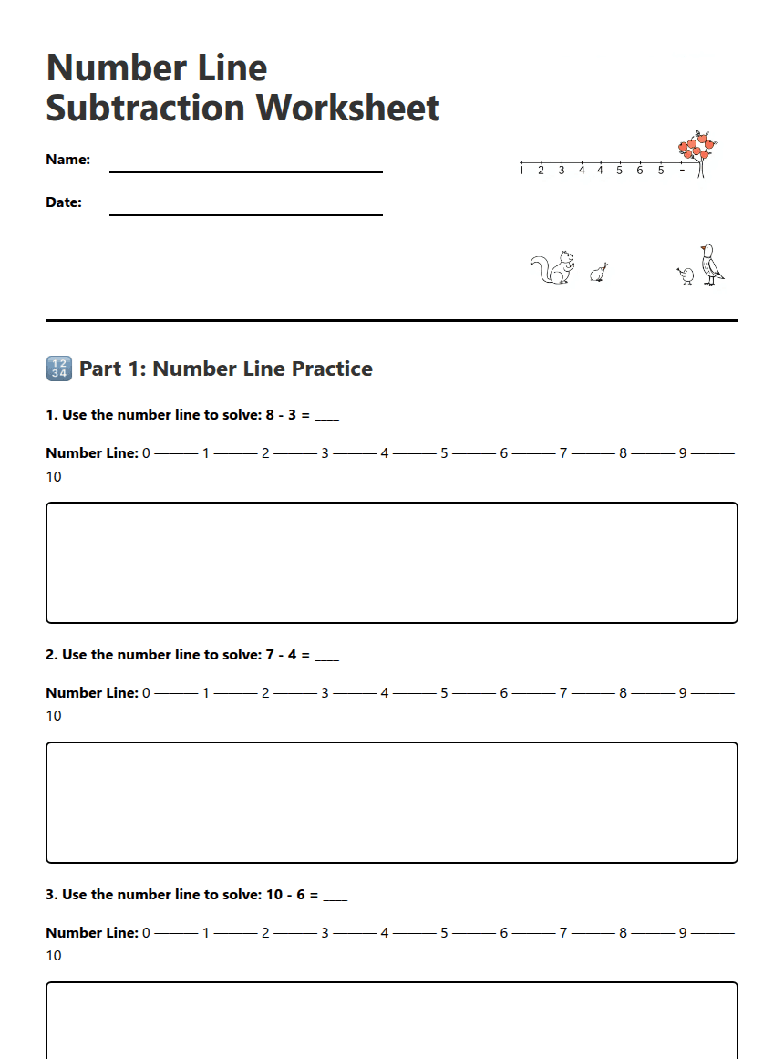 Number Line Subtraction Worksheet worksheet preview