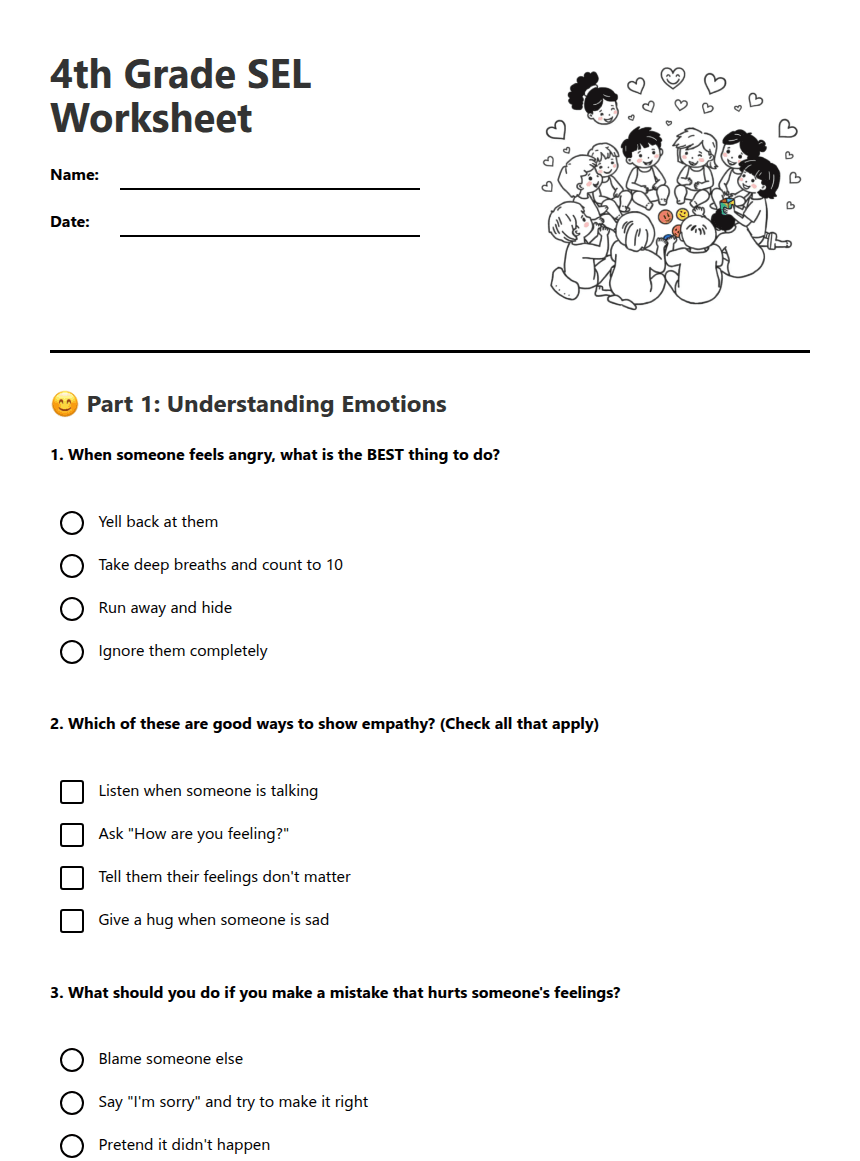4th Grade SEL Worksheet worksheet preview