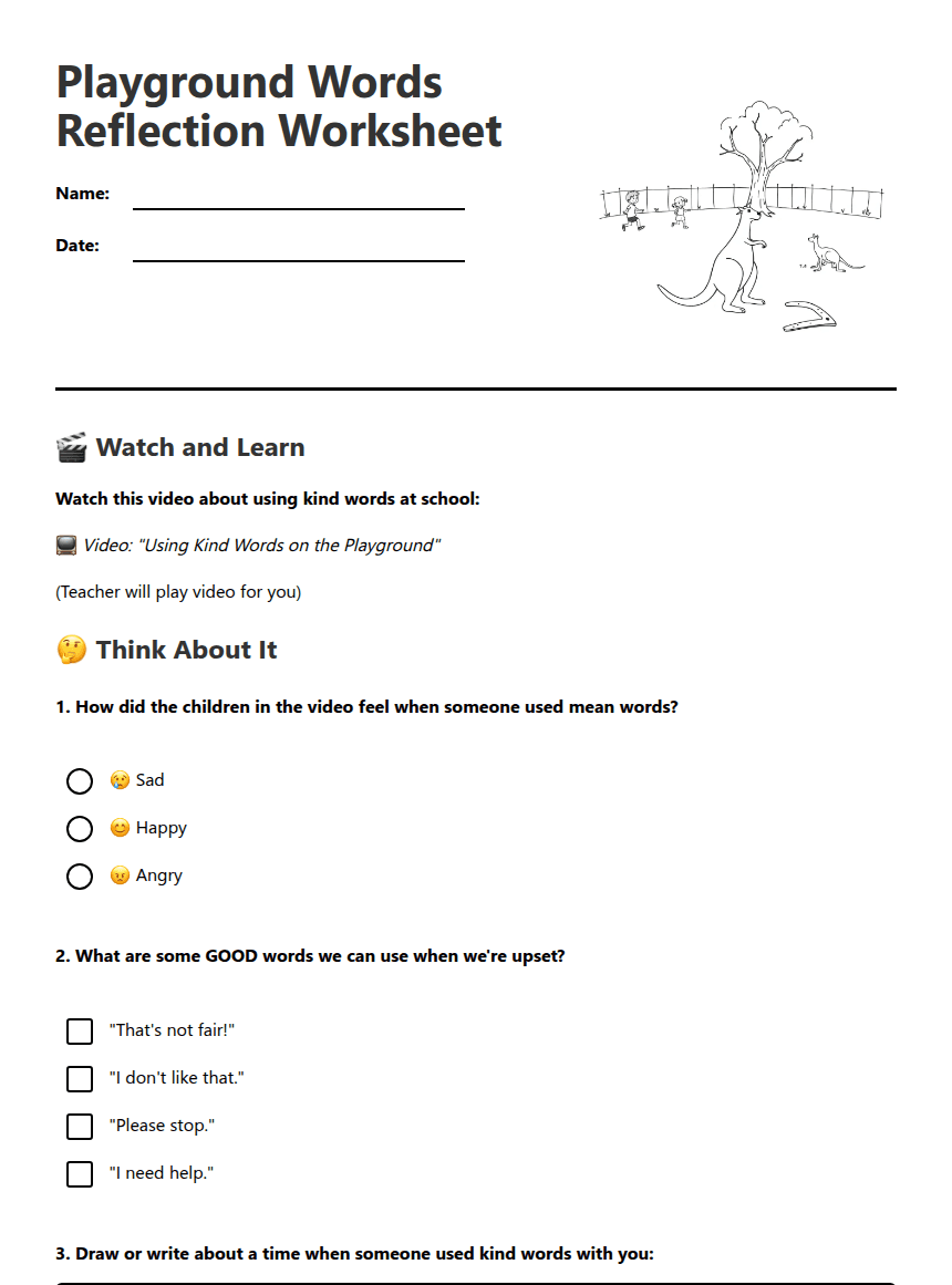 Playground Words Reflection Worksheet worksheet preview