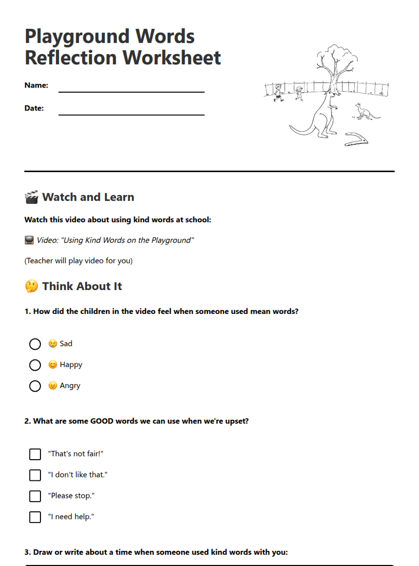 Playground Words Reflection Worksheet