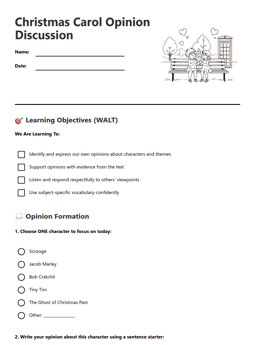 Christmas Carol Opinion Discussion worksheet preview
