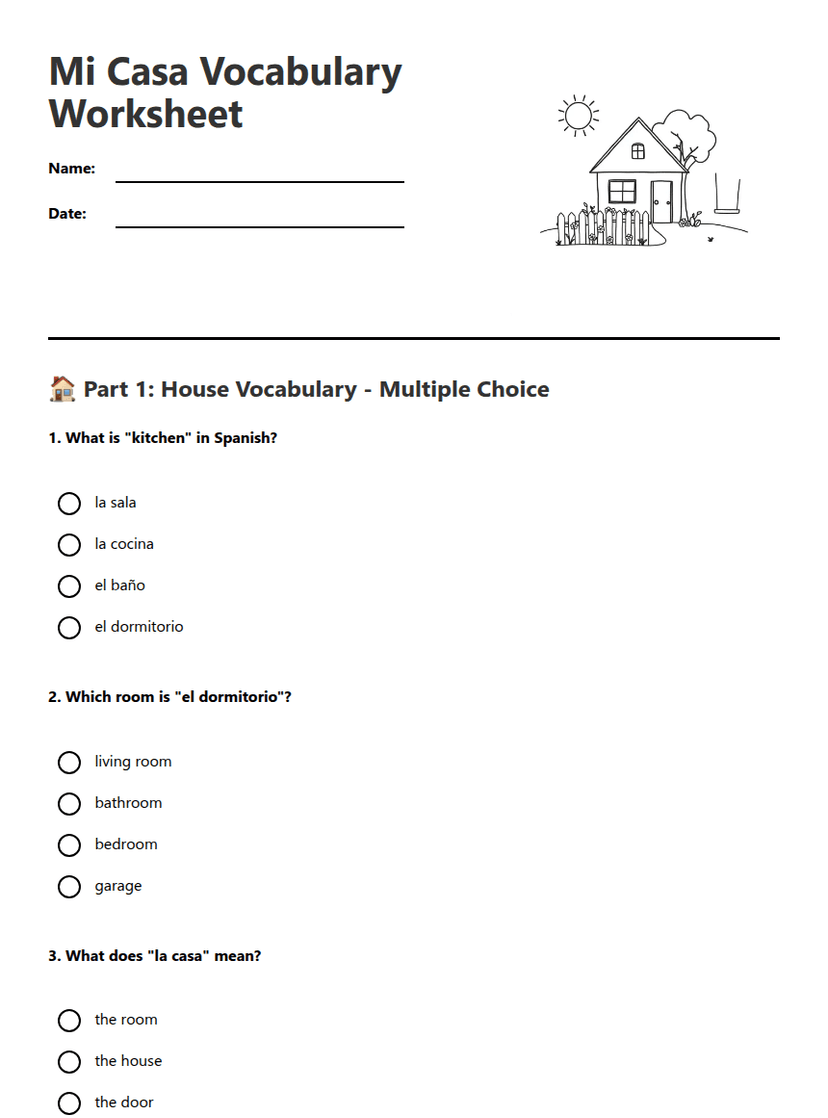 Mi Casa Vocabulary Worksheet