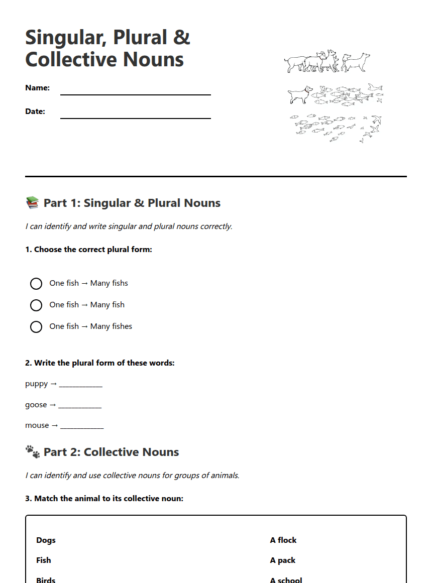 Singular, Plural & Collective worksheet preview