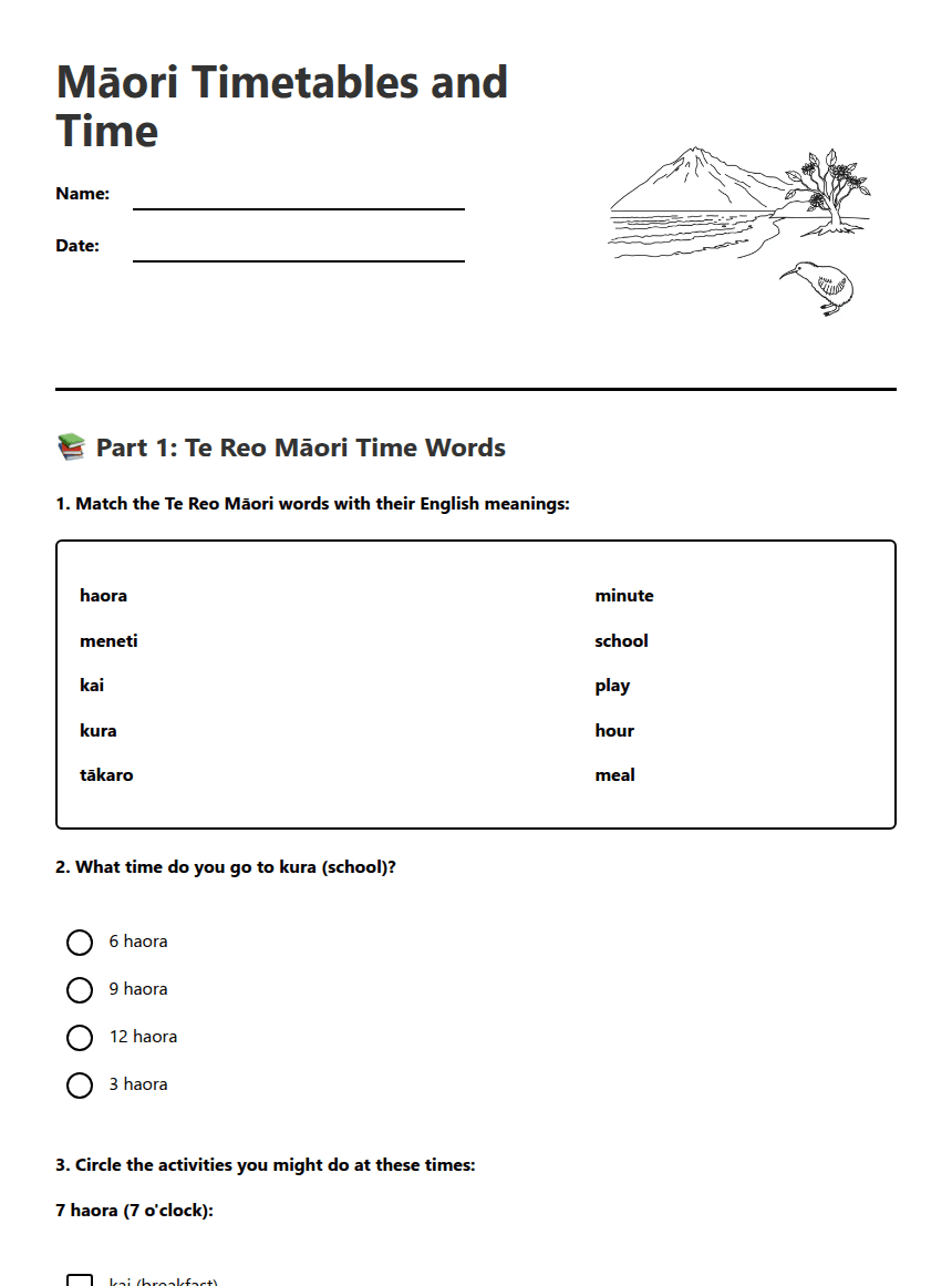 Māori Timetables and Time worksheet preview