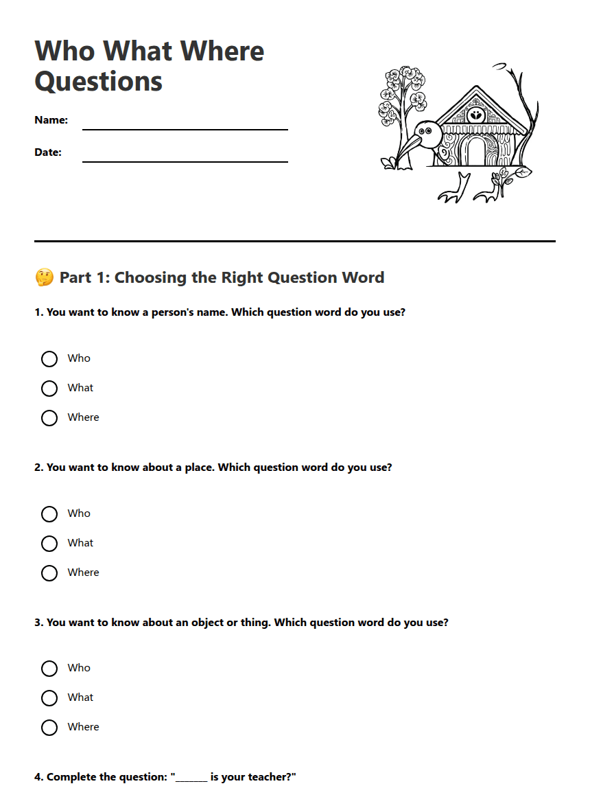 Who What Where Questions worksheet preview