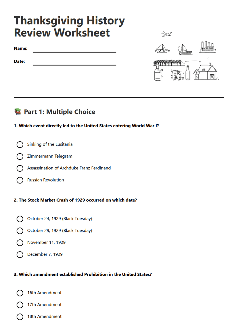 Thanksgiving History Review Worksheet