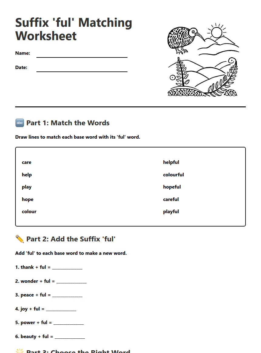 Suffix 'ful' Matching Worksheet worksheet preview