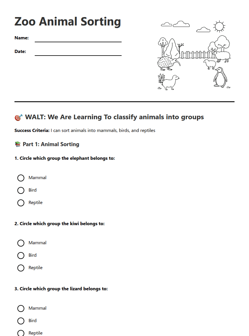 Zoo Animal Sorting worksheet preview