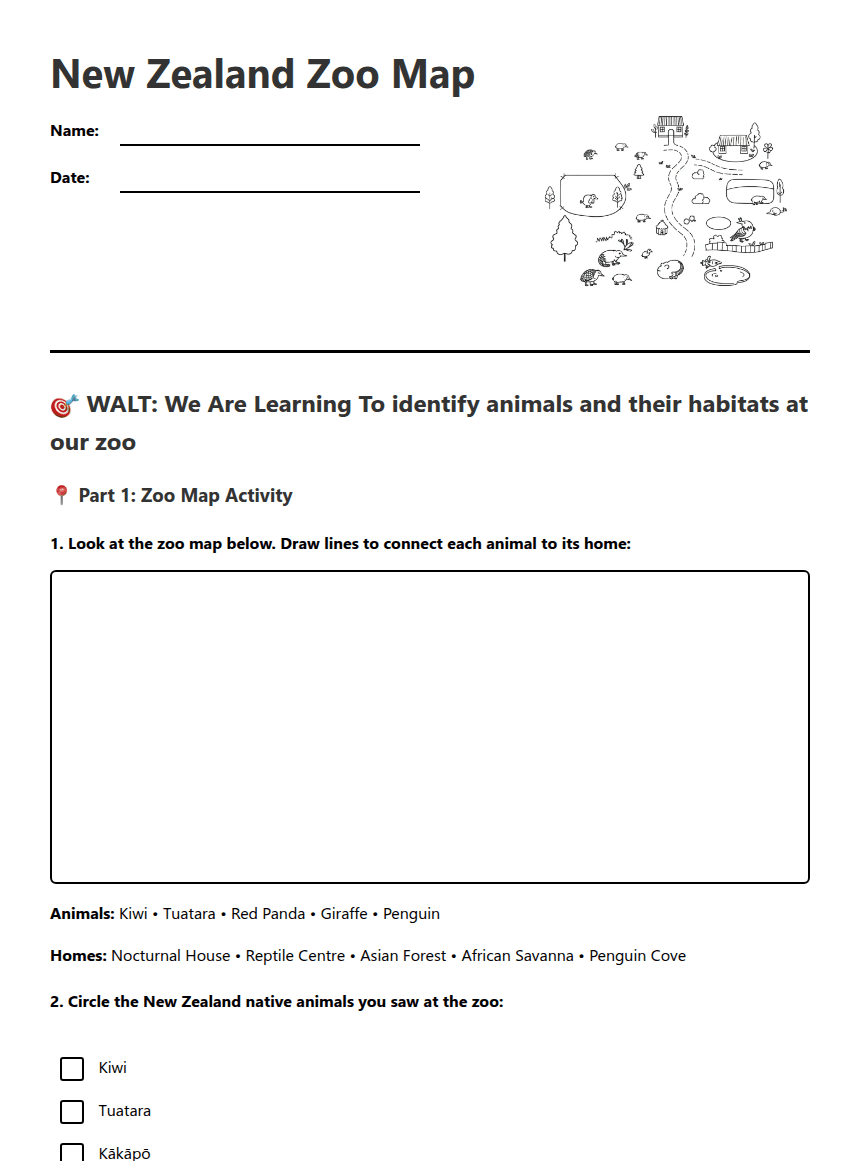 New Zealand Zoo Map worksheet preview