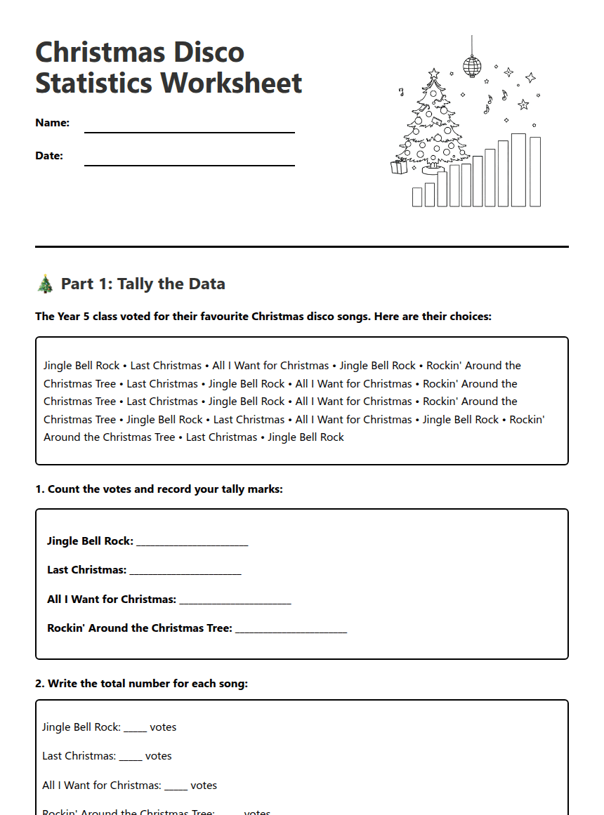 Christmas Disco Statistics Worksheet worksheet preview