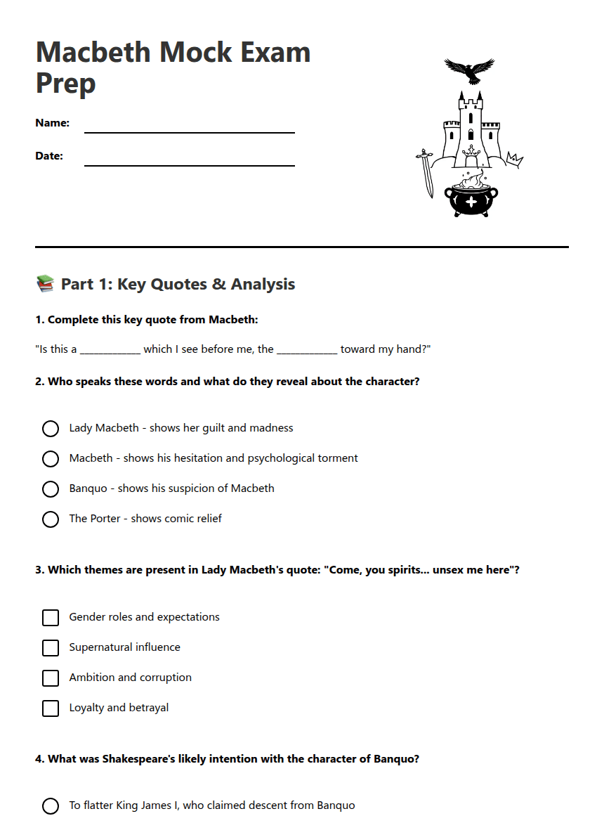 Macbeth Mock Exam Prep worksheet preview