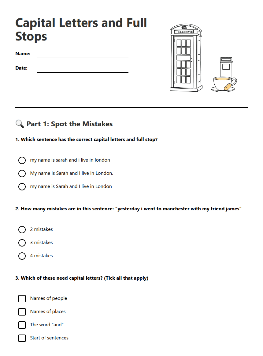 Capital Letters and Full Stops worksheet preview