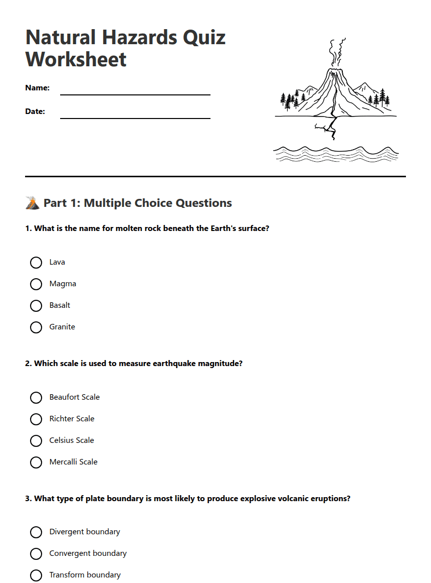Natural Hazards Quiz Worksheet worksheet preview