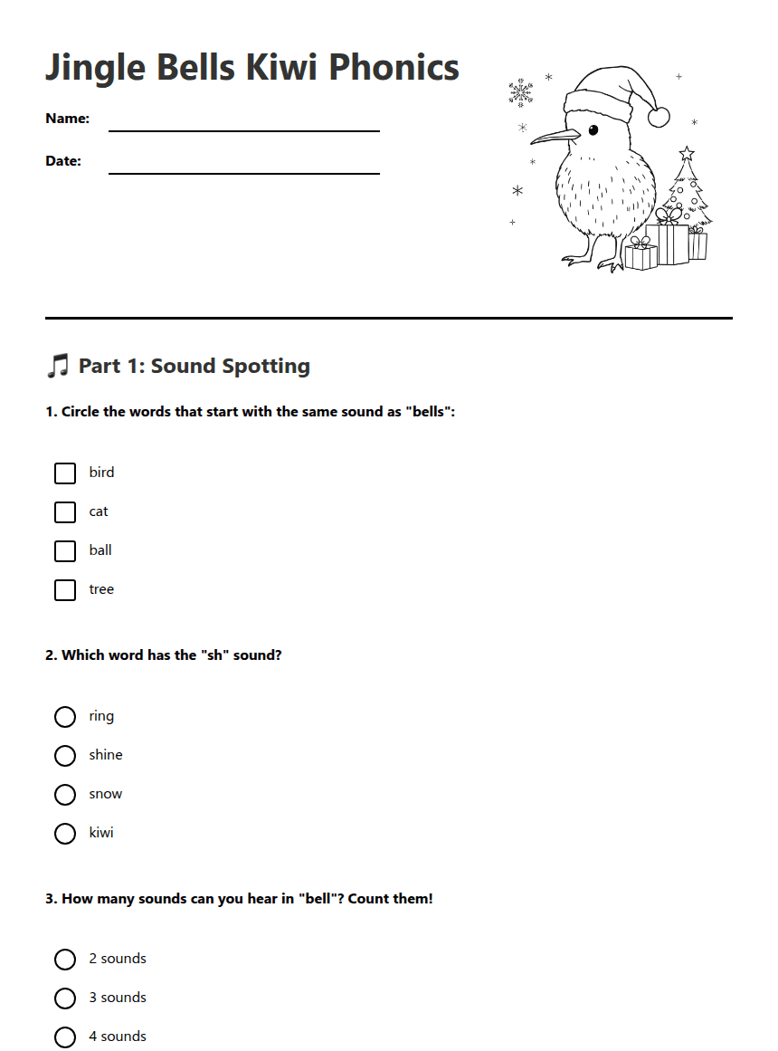 Jingle Bells Kiwi Phonics worksheet preview