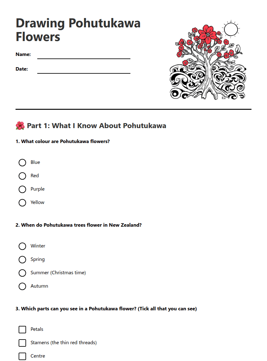 Drawing Pohutukawa Flowers worksheet preview