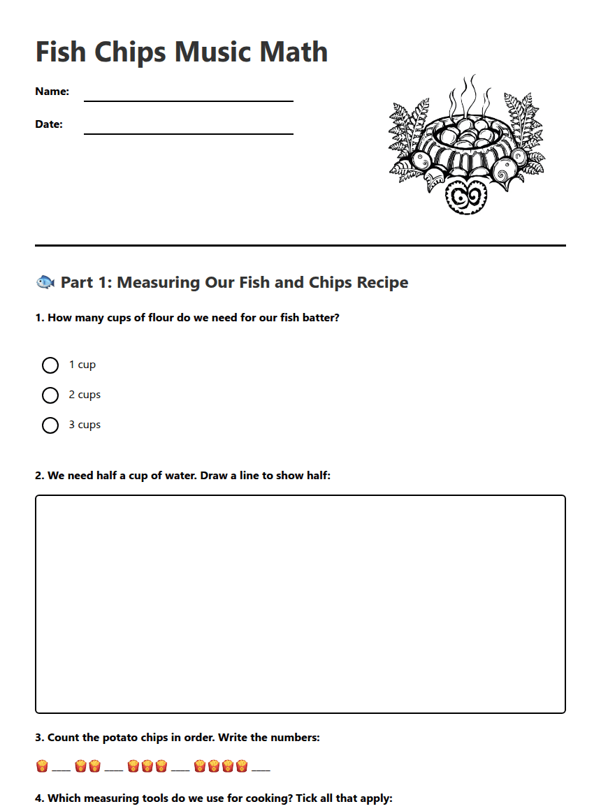 Fish Chips Music Math worksheet preview