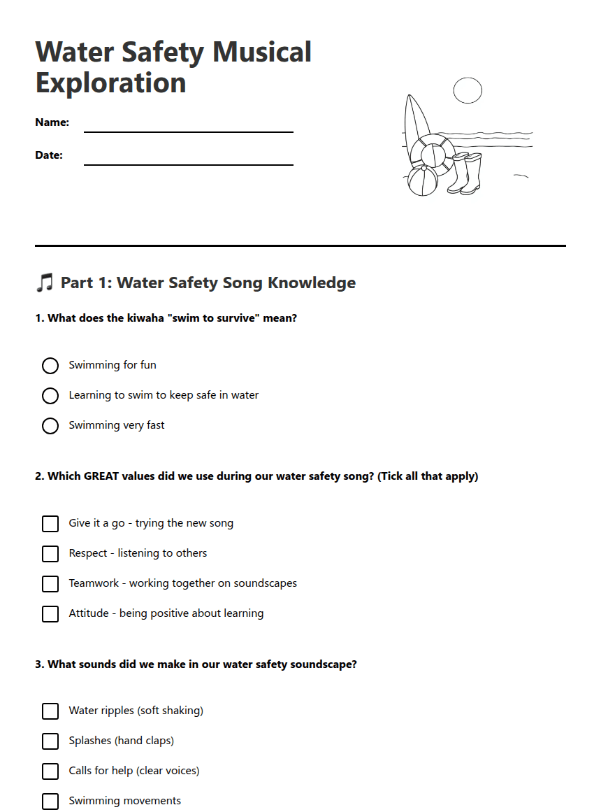 Water Safety Musical Exploration worksheet preview