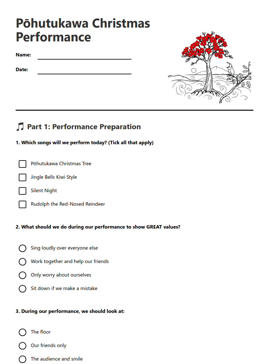 Pōhutukawa Christmas Performance worksheet preview