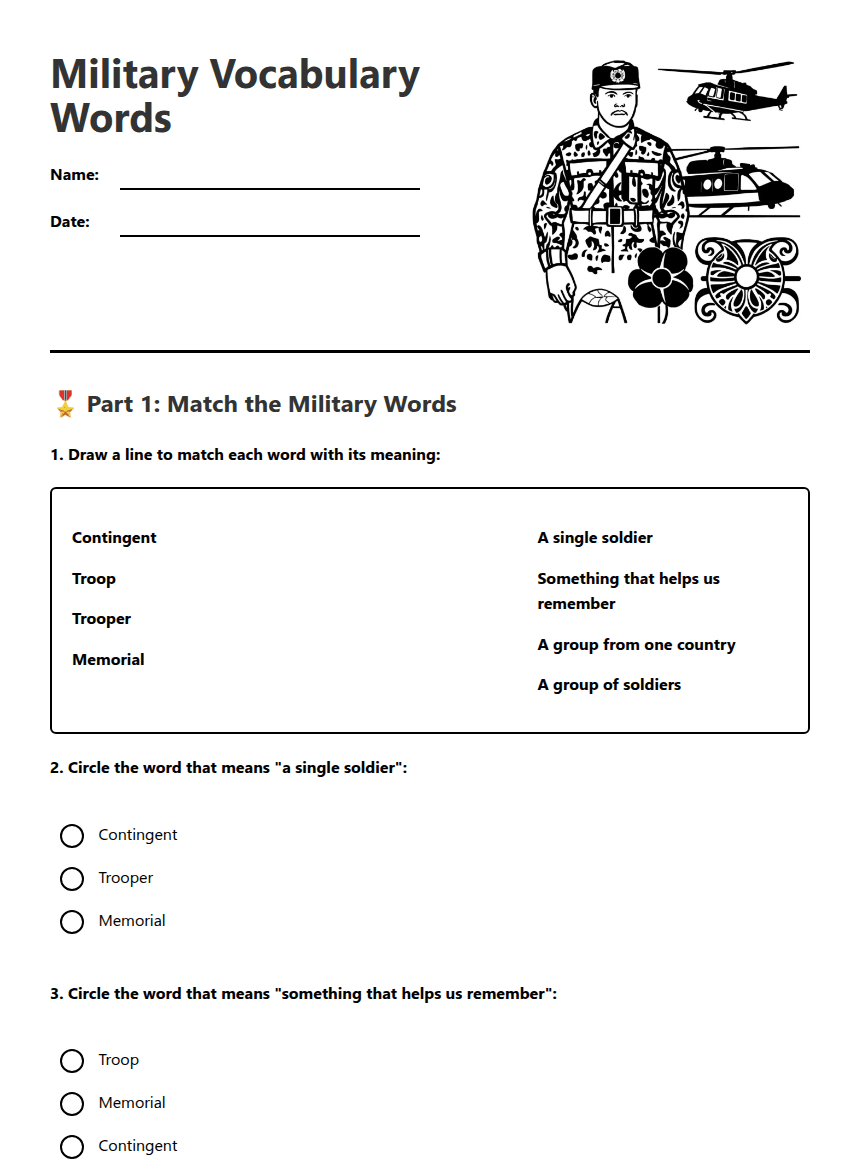 Military Vocabulary Words worksheet preview