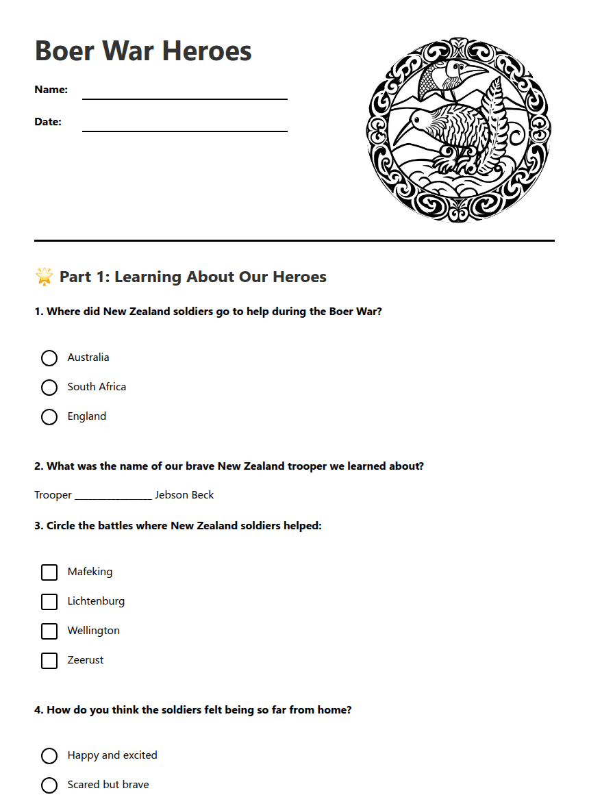 Boer War Heroes worksheet preview
