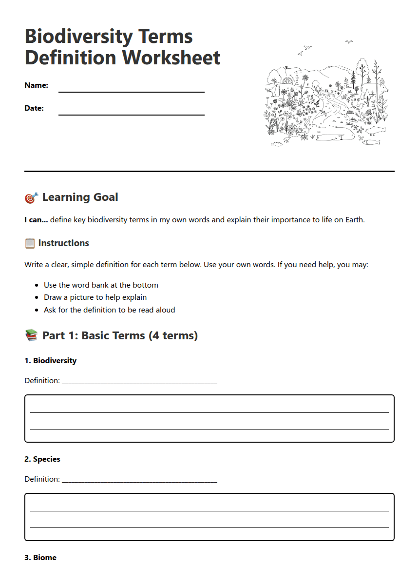 Biodiversity Terms Definition Worksheet worksheet preview