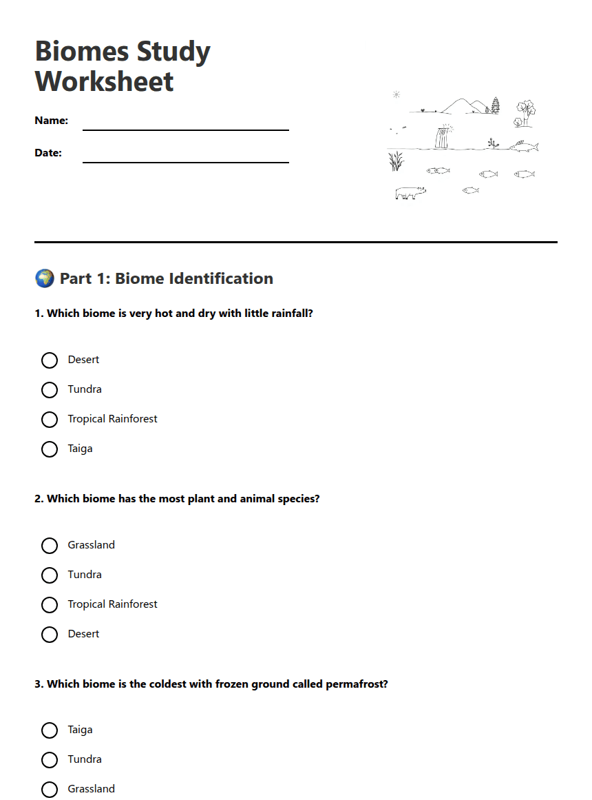 Biomes Study Worksheet worksheet preview