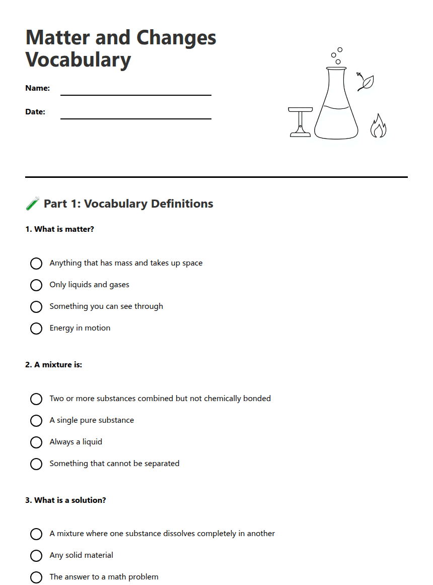 Matter and Changes Vocabulary worksheet preview