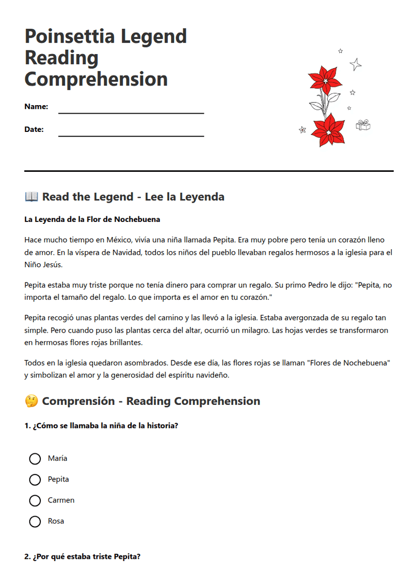 Poinsettia Legend Reading Comprehension