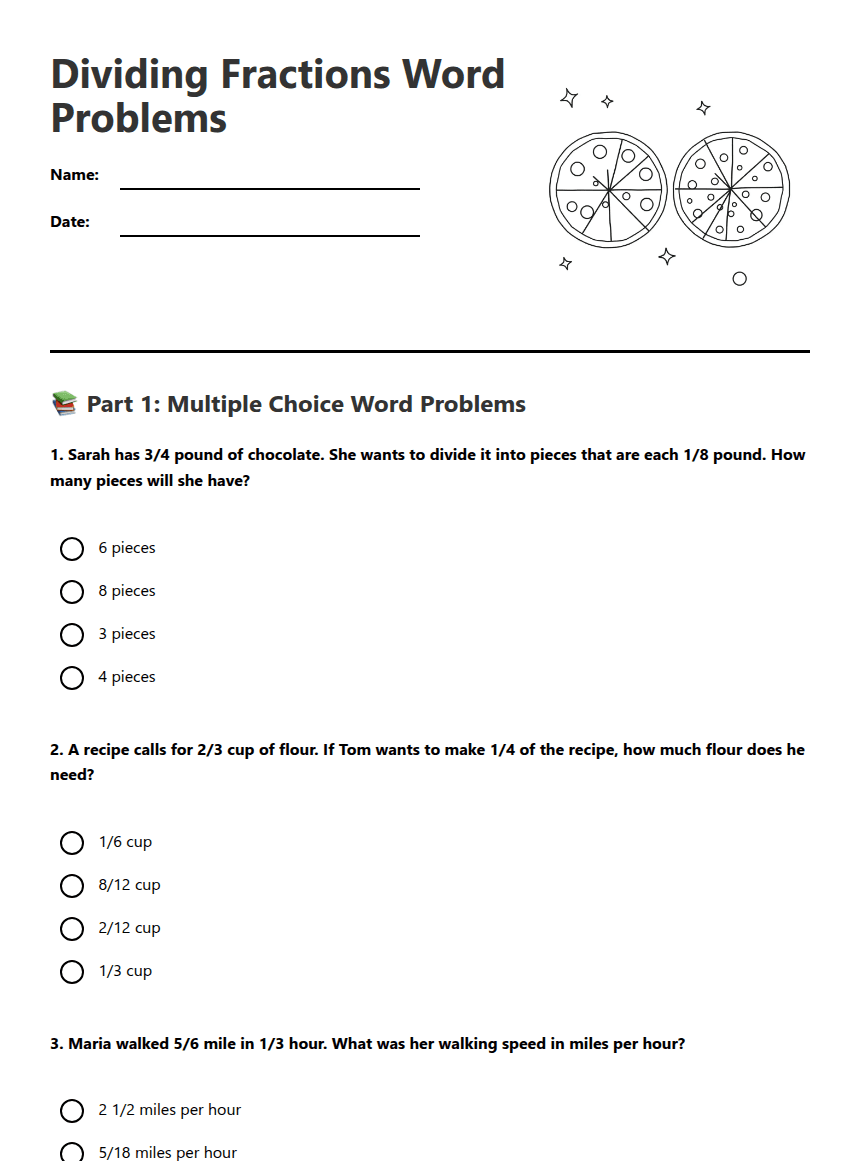 Dividing Fractions Word Problems worksheet preview