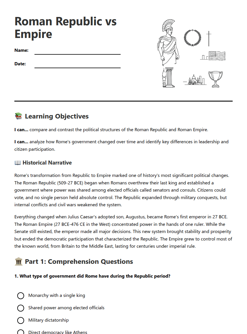 Roman Republic vs Empire worksheet preview