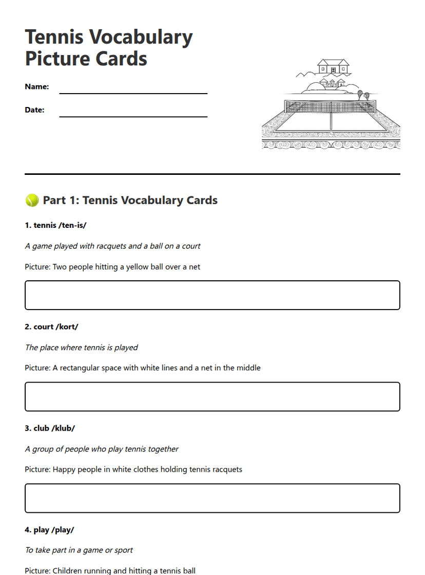 Tennis Vocabulary Picture Cards