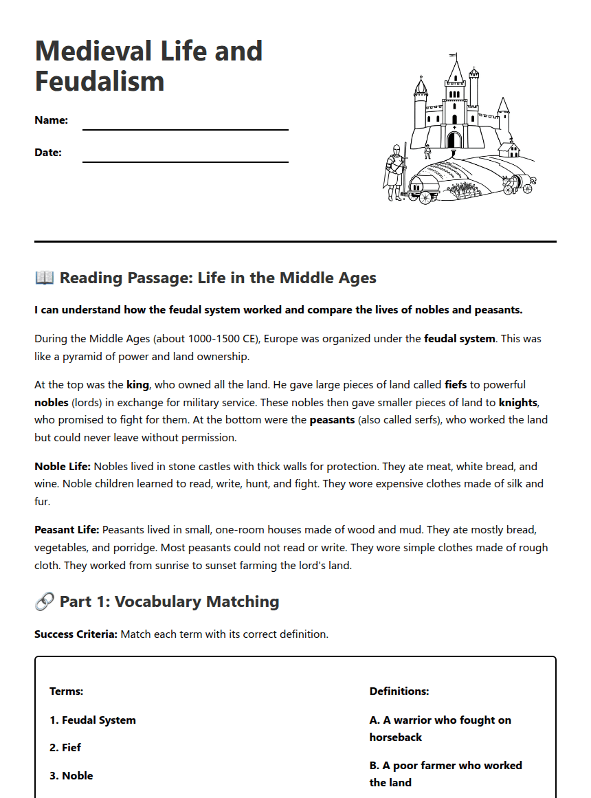 Medieval Life and Feudalism worksheet preview