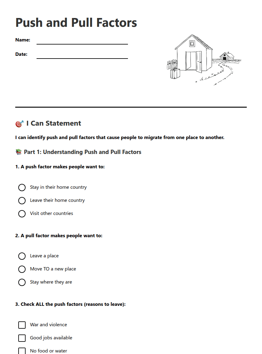 Push and Pull Factors worksheet preview