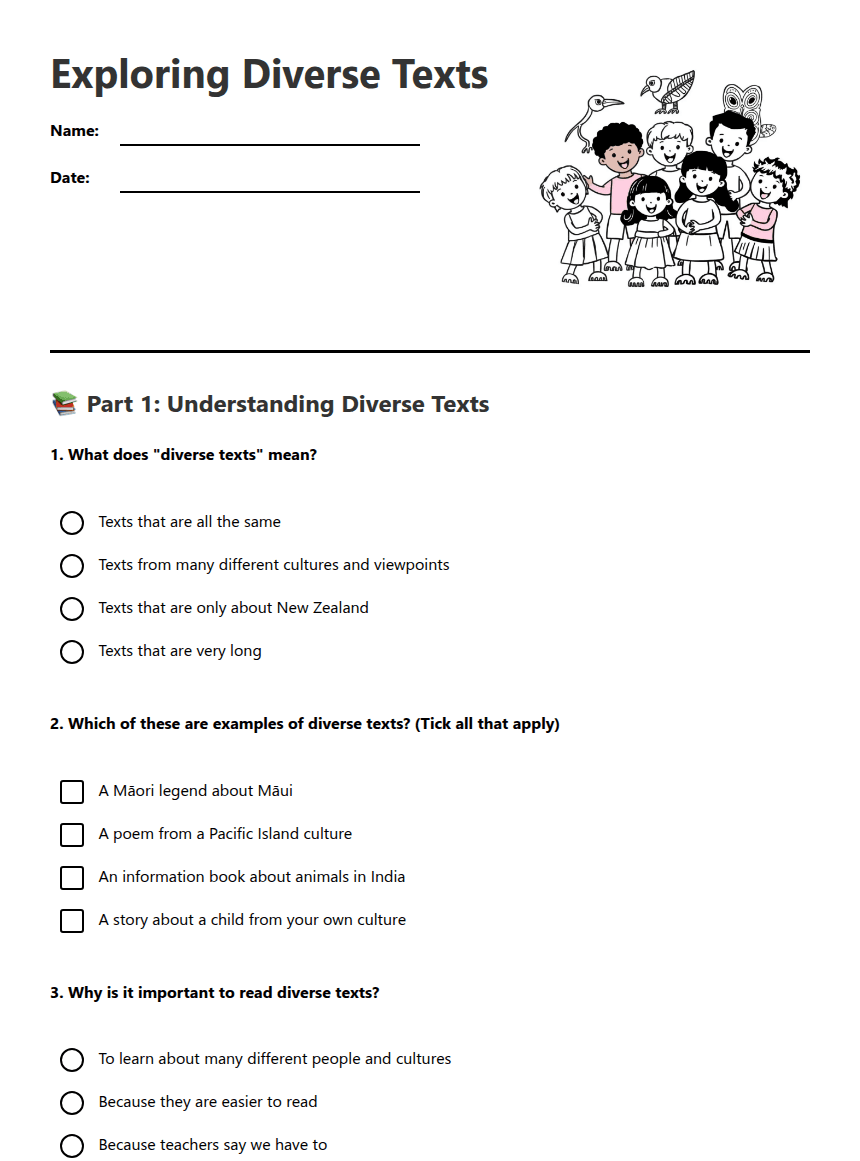 Exploring Diverse Texts worksheet preview