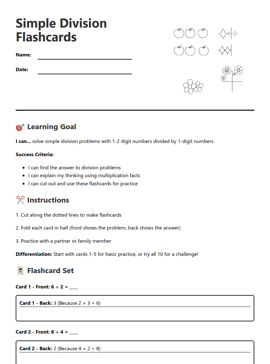 Simple Division Flashcards worksheet preview