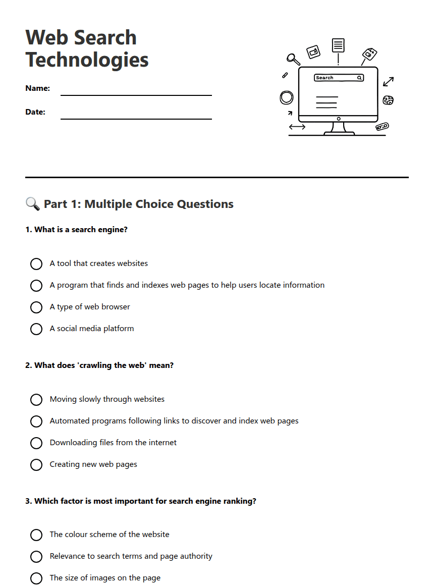 Web Search Technologies worksheet preview