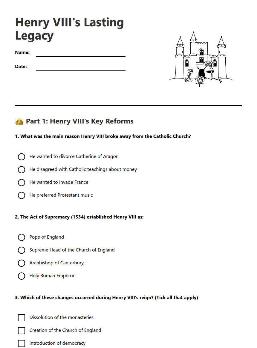 Henry VIII's Lasting Legacy worksheet preview