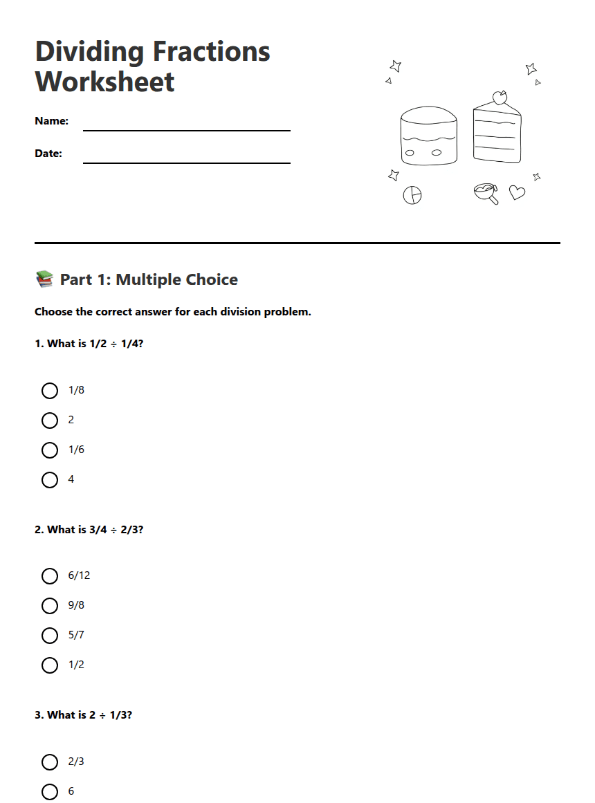 Dividing Fractions Worksheet worksheet preview