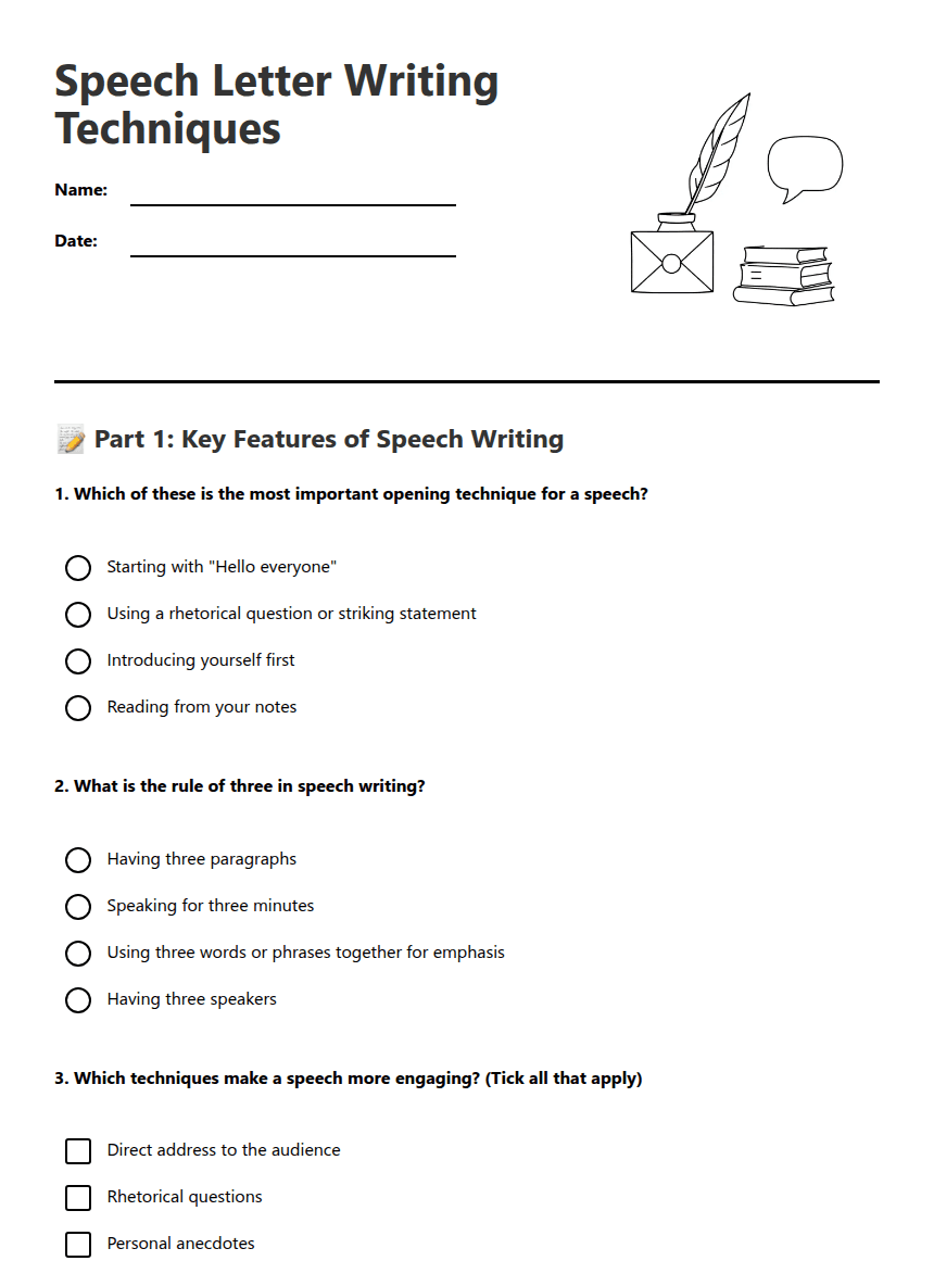 Speech Letter Writing Techniques worksheet preview