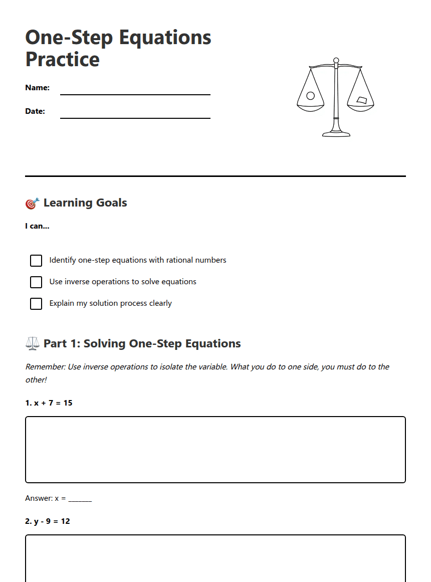 One-Step Equations Practice worksheet preview