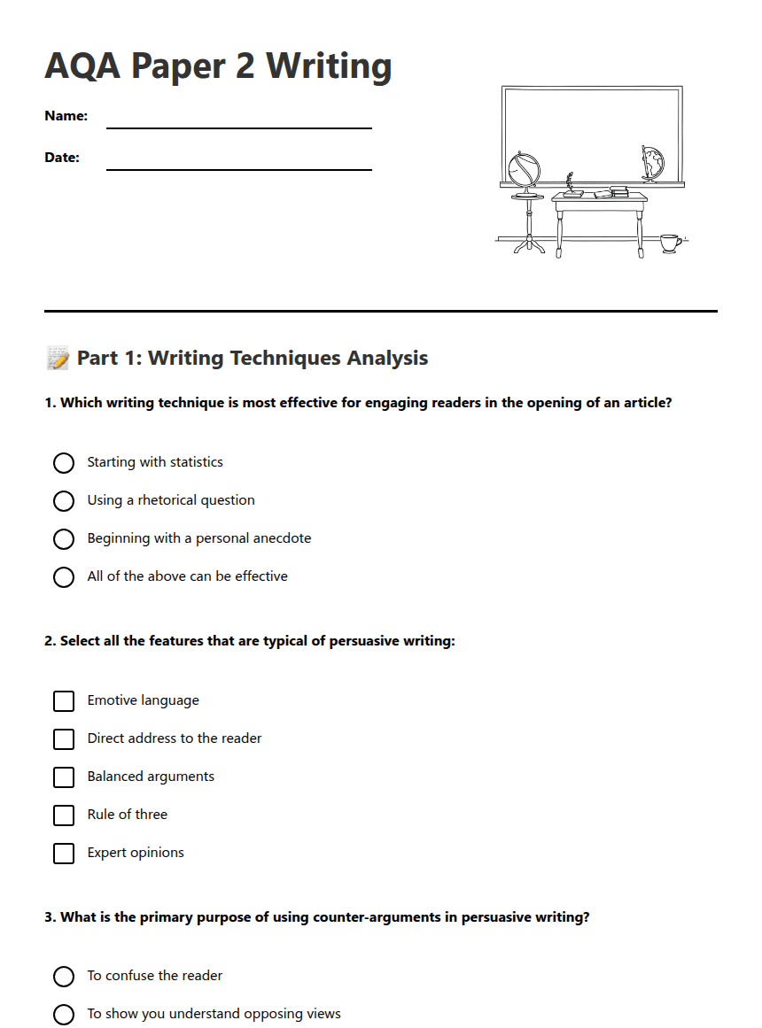 AQA Paper 2 Writing worksheet preview
