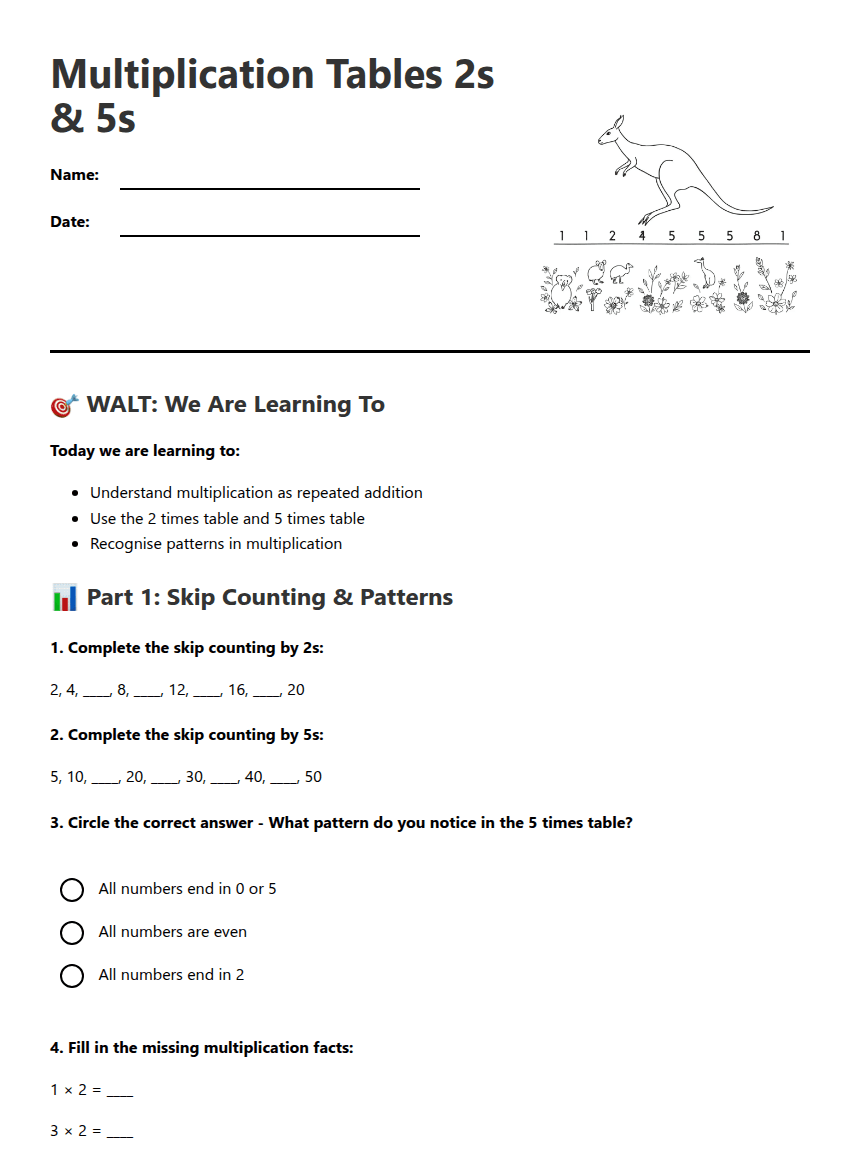 Multiplication Tables 2s 5s worksheet preview