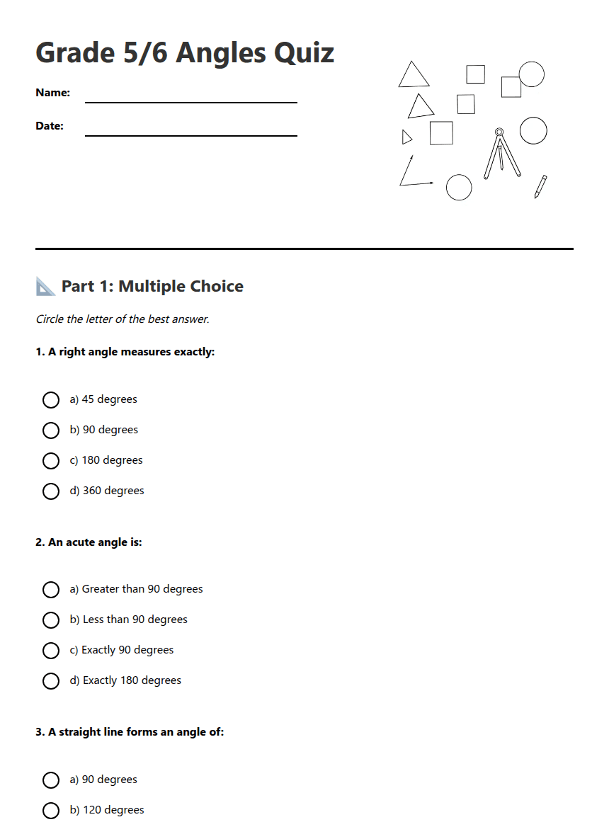 Grade 5/6 Angles Quiz worksheet preview
