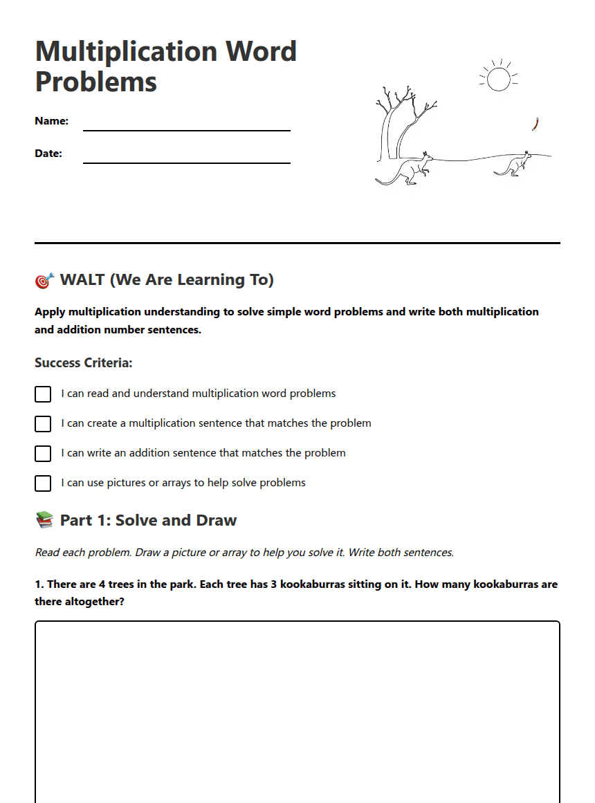 Multiplication Word Problems worksheet preview