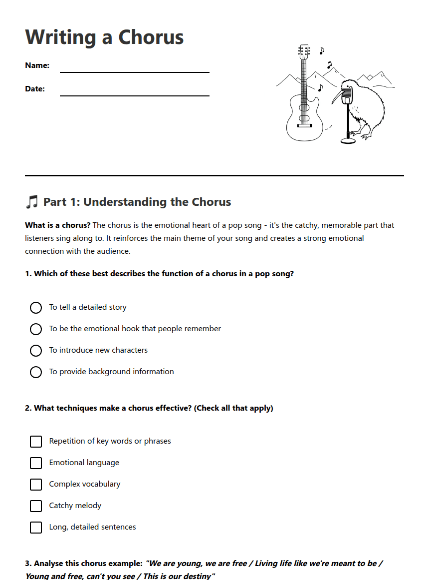 Writing a Chorus worksheet preview