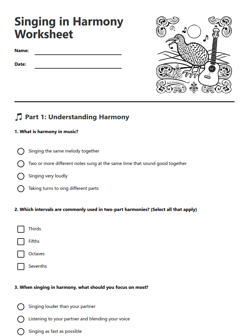 Singing in Harmony Worksheet worksheet preview