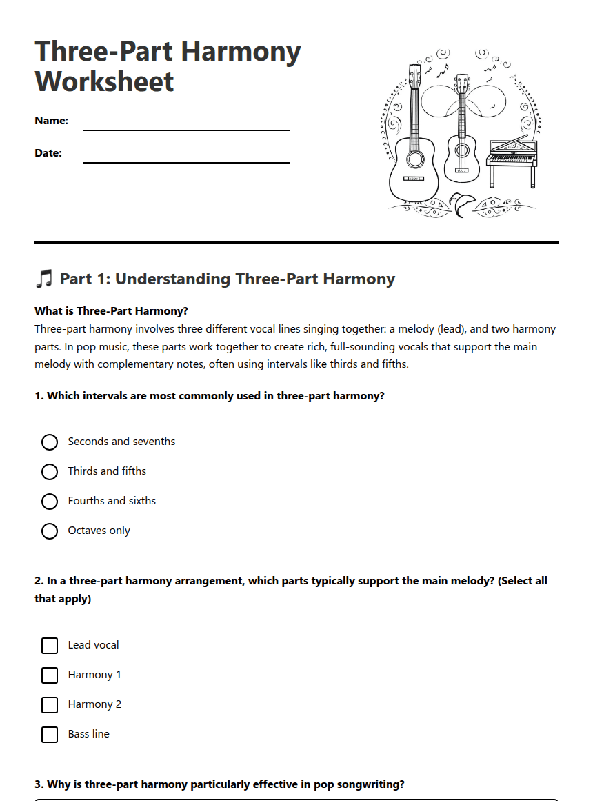 Three-Part Harmony Worksheet worksheet preview