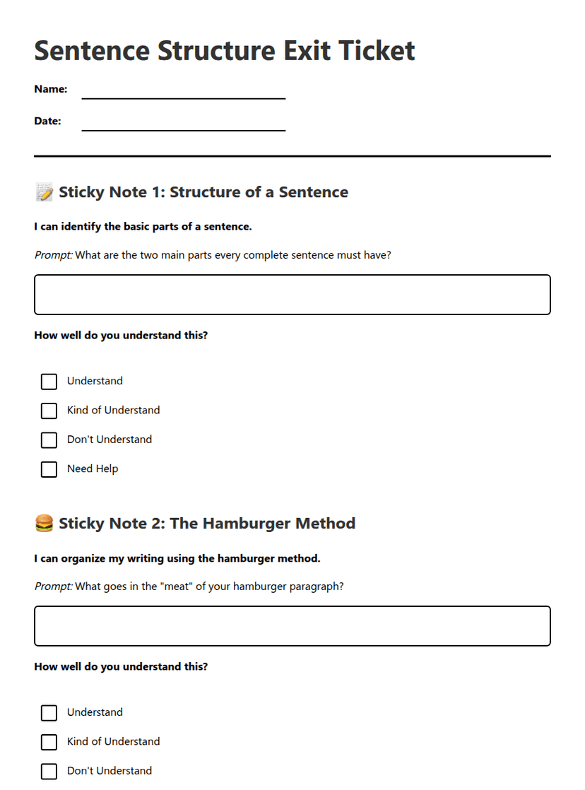 Sentence Structure Exit Ticket